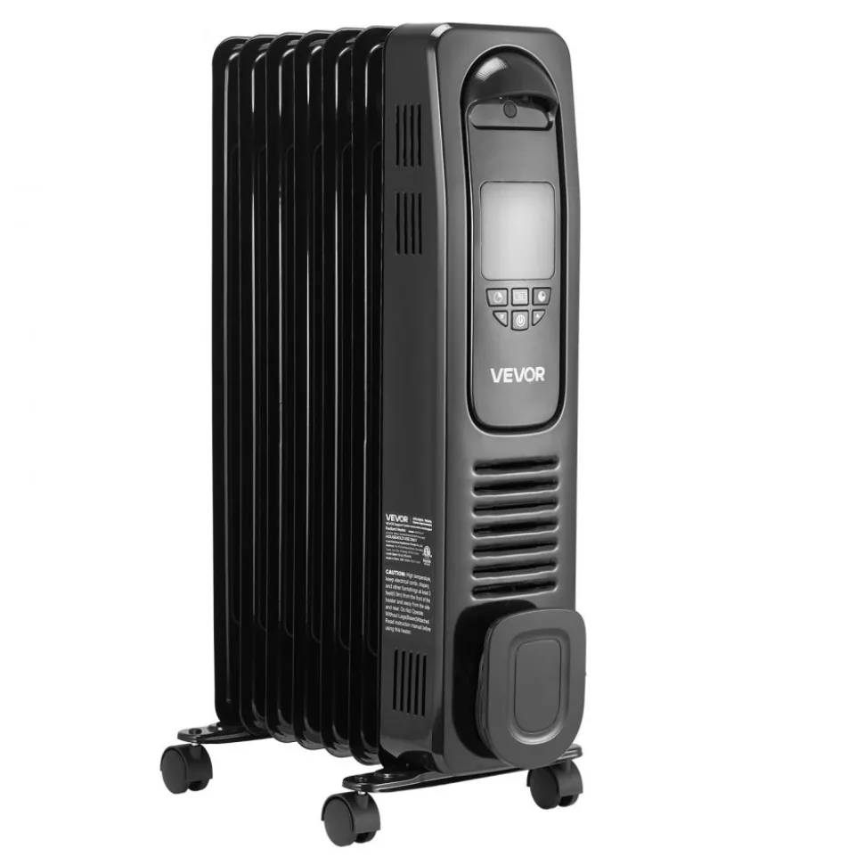VEVOR Electric Oil Filled Radiator, 1500W Radiant Space Heater with LED Screen, Over-Heat Protections,24h Timer, Portable Handle Casters, Thermostat,Remote Control for Indoor Use,Black