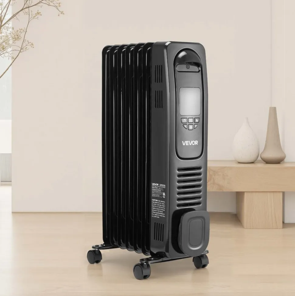 VEVOR Electric Oil Filled Radiator, 1500W Radiant Space Heater with LED Screen, Over-Heat Protections,24h Timer, Portable Handle Casters, Thermostat,Remote Control for Indoor Use,Black