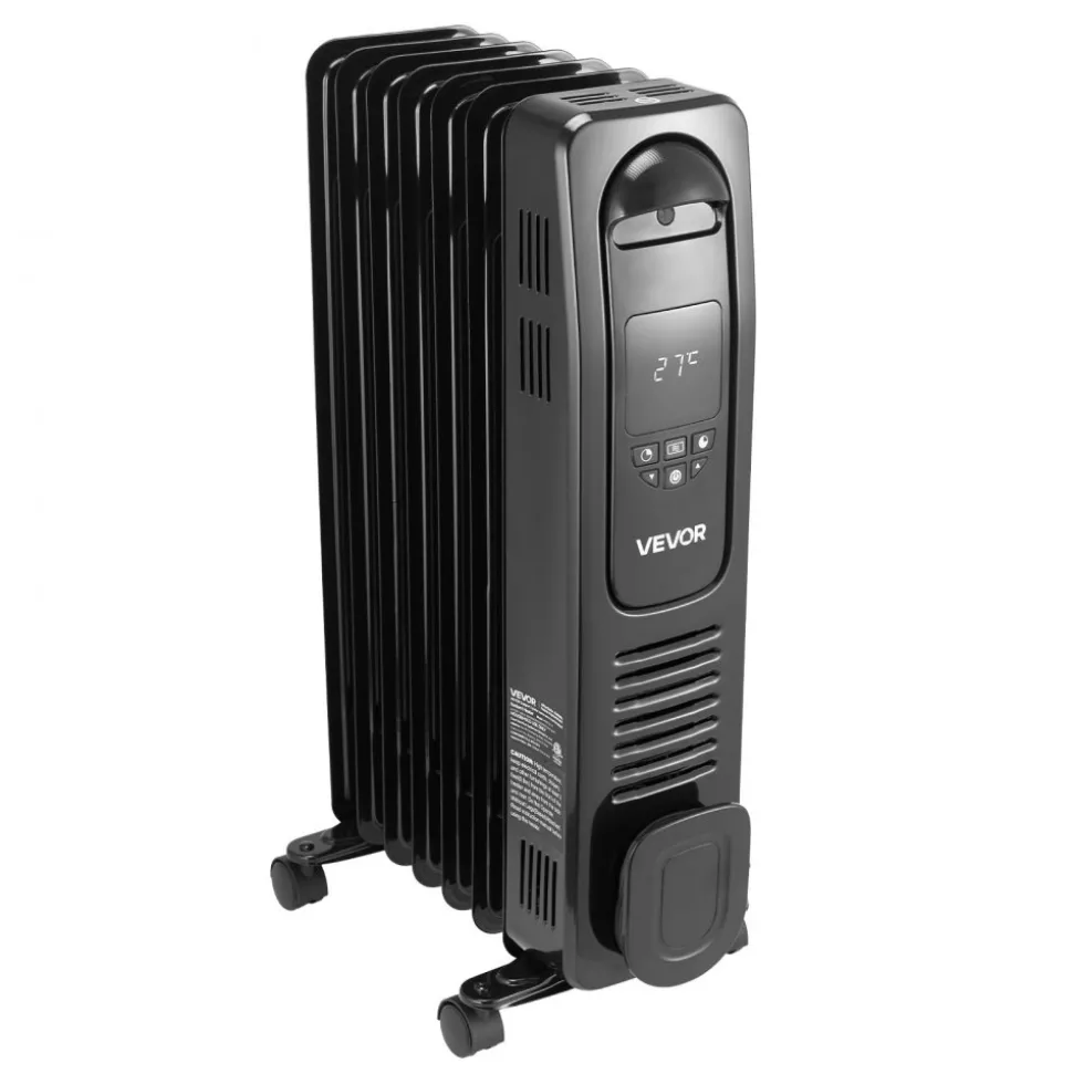 VEVOR Electric Oil Filled Radiator, 1500W Radiant Space Heater with LED Screen, Over-Heat Protections,24h Timer, Portable Handle Casters, Thermostat,Remote Control for Indoor Use,Black
