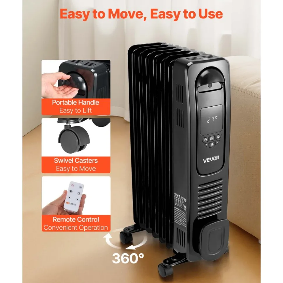 VEVOR Electric Oil Filled Radiator, 1500W Radiant Space Heater with LED Screen, Over-Heat Protections,24h Timer, Portable Handle Casters, Thermostat,Remote Control for Indoor Use,Black