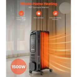 VEVOR Electric Oil Filled Radiator, 1500W Radiant Space Heater with LED Screen, Over-Heat Protections,24h Timer, Portable Handle Casters, Thermostat,Remote Control for Indoor Use,Black