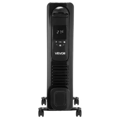 VEVOR Electric Oil Filled Radiator, 1500W Radiant Space Heater with LED Screen, Over-Heat Protections,24h Timer, Portable Handle Casters, Thermostat,Remote Control for Indoor Use,Black