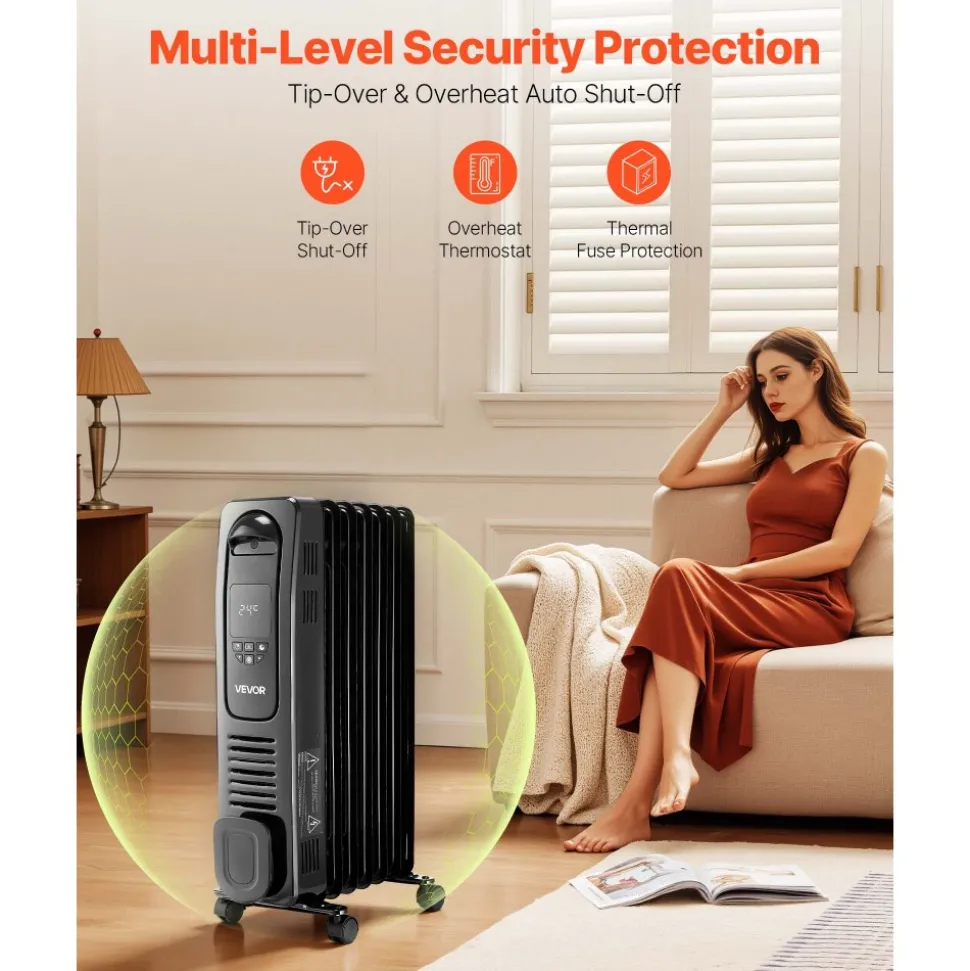 VEVOR Electric Oil Filled Radiator, 1500W Radiant Space Heater with LED Screen, Over-Heat Protections,24h Timer, Portable Handle Casters, Thermostat,Remote Control for Indoor Use,Black