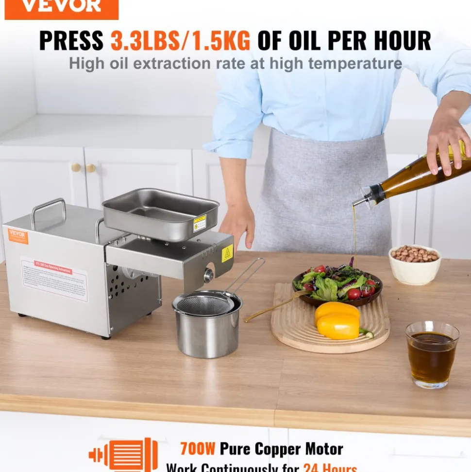VEVOR Electric Oil Press Machine, 700W Stainless Steel Oil Extractor Machine, 140℃ / 284℉ Constant Temperature, Hot Press Oil Expeller for Pressing Peanuts, Sesame Seeds, Rapeseed, Tea Seeds
