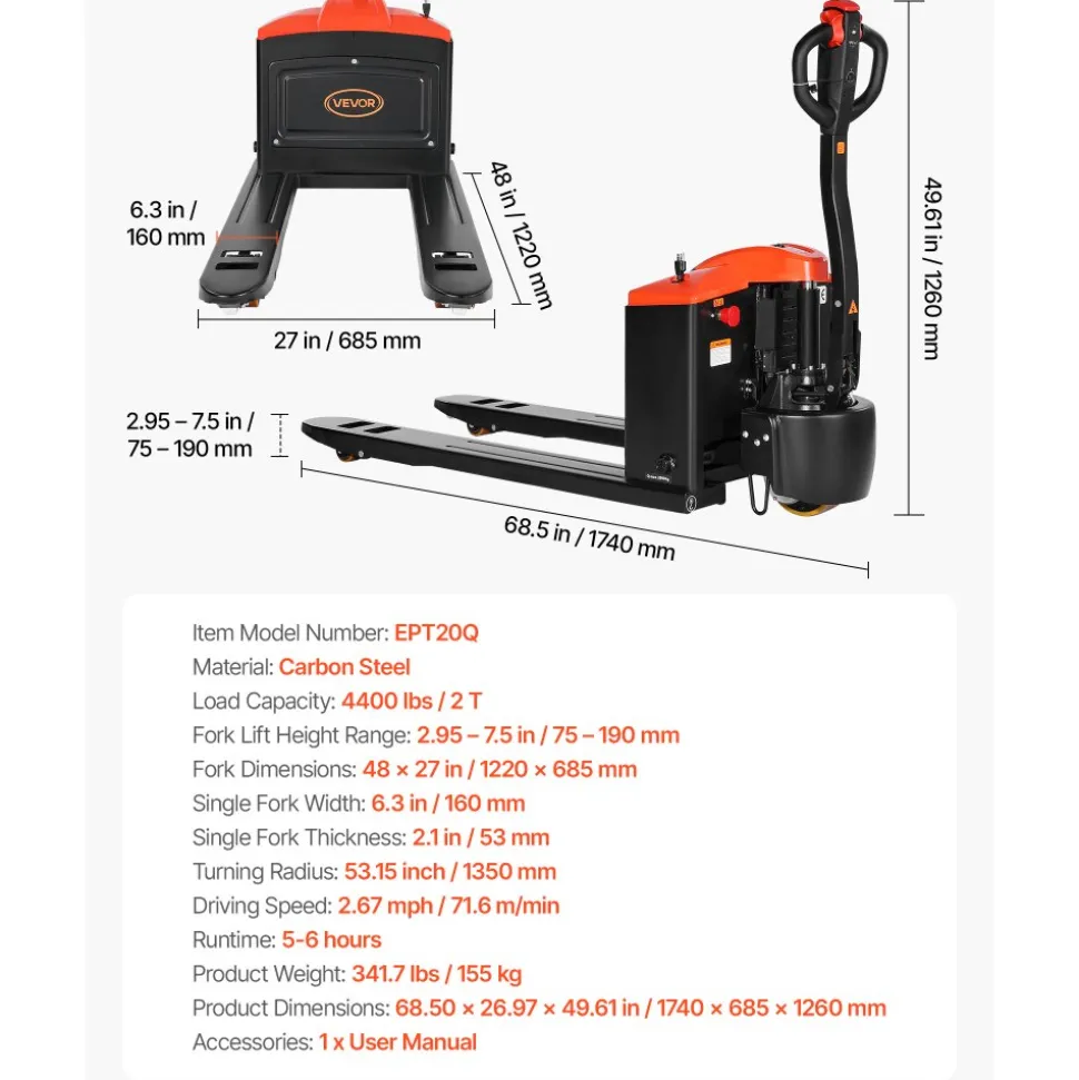 VEVOR Electric Pallet Jack, 4400 lbs Load Capacity, Lithium Battery Powered Pallet Jack Truck with 48L x 27W Inch Forks for Material Handling, Suitable for Warehouse, Supermarket, Manufacturing