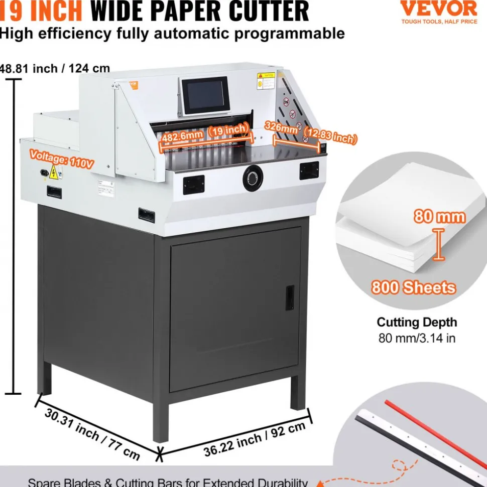 VEVOR Electric Paper Cutter, Heavy Duty Paper Trimmer 19" /482.6mm Cutting Width, 3.14"/80mm Cutting Thickness, Electric Paper Cutting Machine with 7" Touchscreen Numerical Control Function