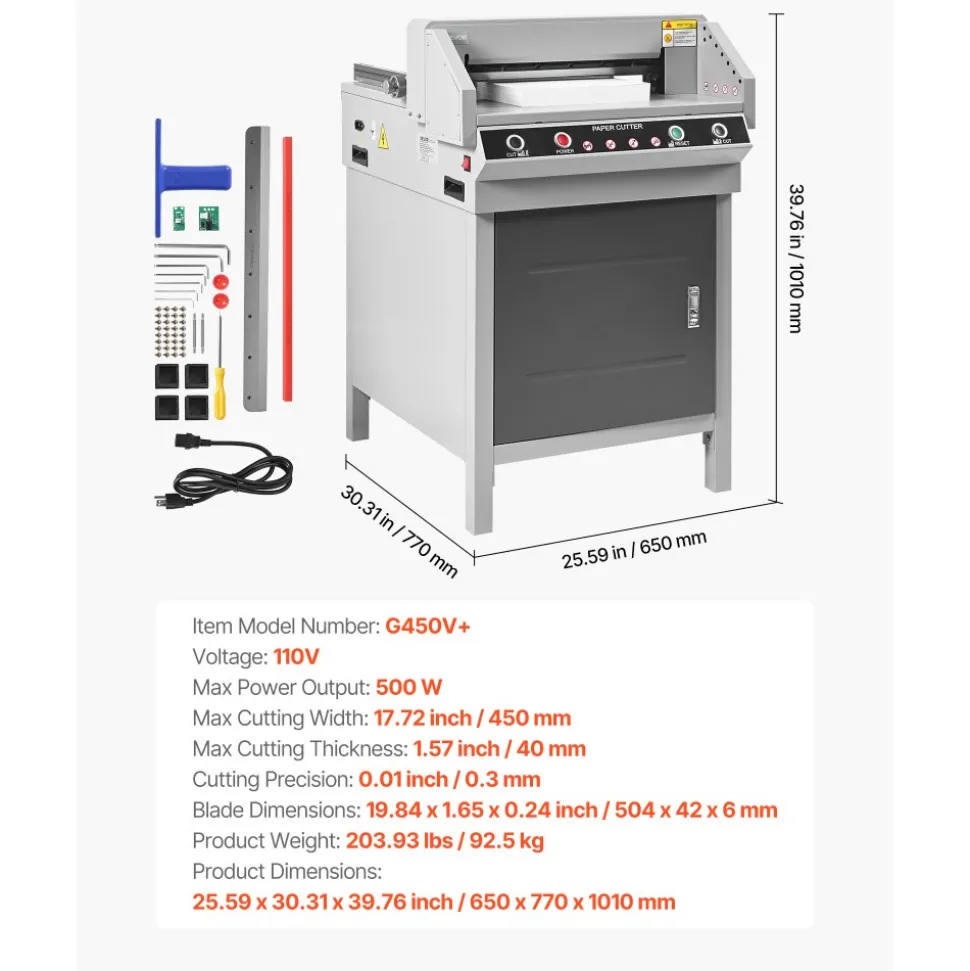 VEVOR Electric Paper Cutter, Heavy Duty Metal Paper Cutter Machine, 17.72 inch Cutting Width, 1.57 inch Cutting Thickness, Electric Guillotine Trimmer with Infrared Function and Spare Blade