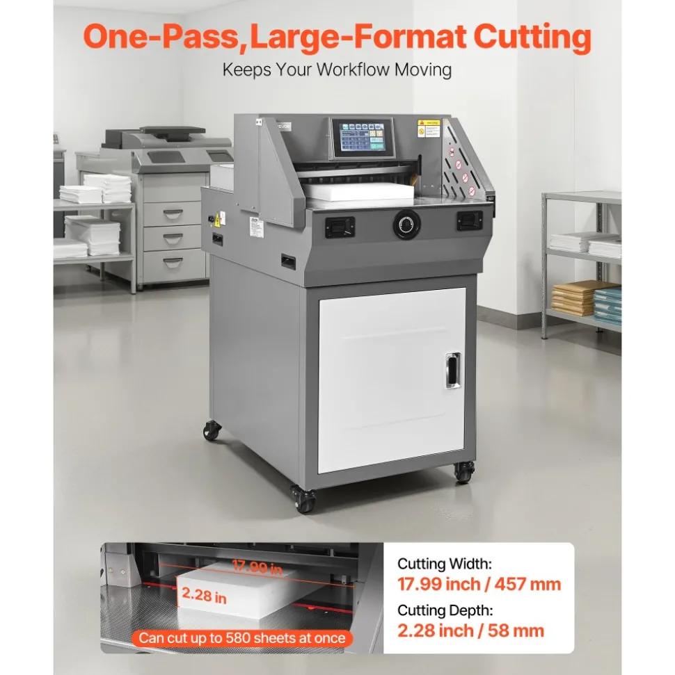 VEVOR Electric Paper Cutter, Metal Programmable Paper Cutter Machine, 17.99 inch Cutting Width, 2.28 inch Cutting Thickness, Electric Hydraulic Guillotine Trimmer with Infrared Function & Spare Blade