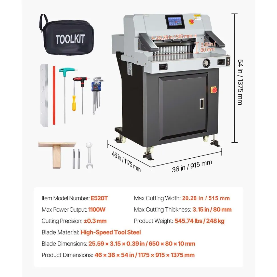 VEVOR Electric Paper Cutter, 1100W Heavy Duty Paper Cutter Machine With 20.28 in Cutting Width, 3.15 in Cutting Thickness, Electric Guillotine Trimmer with Casters and 7 in Touchscreen, for Print Shop