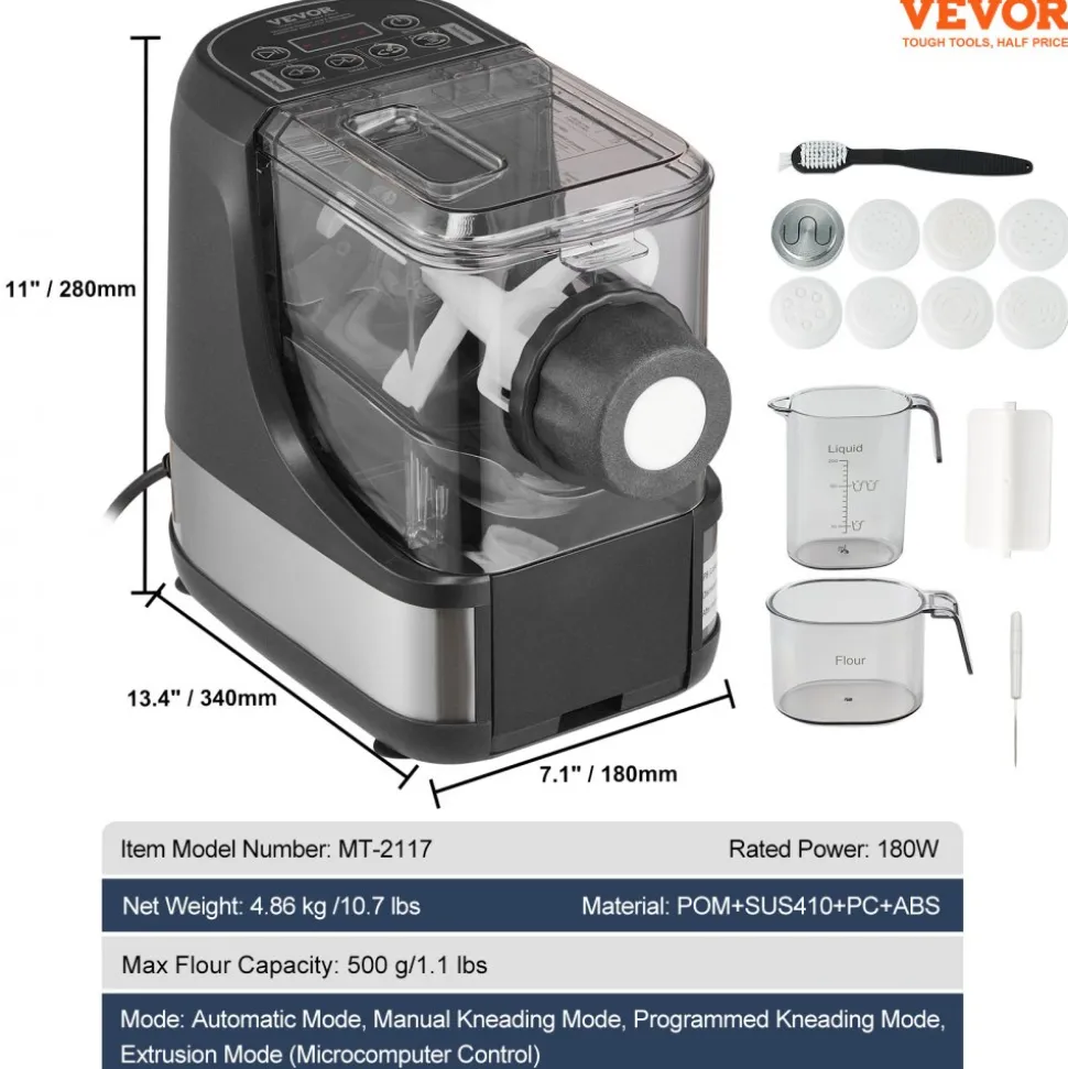 VEVOR Electric Pasta Maker, 150W Automatic Noodle Maker Machine with 8 Pasta Shapes, 4 Intelligent Modes, 500g Flour Capacity Pasta Maker Machine with Measuring Cups, Cleaning Brush for Home Kitchen