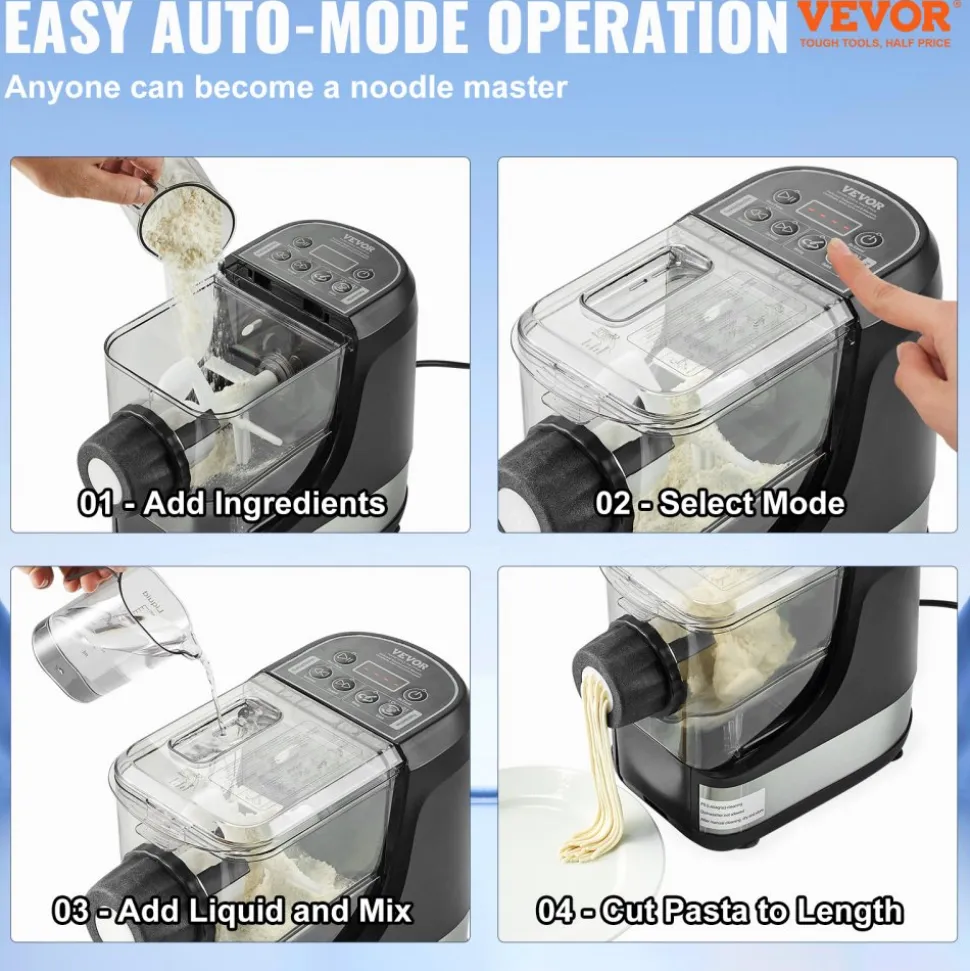 VEVOR Electric Pasta Maker, 150W Automatic Noodle Maker Machine with 8 Pasta Shapes, 4 Intelligent Modes, 500g Flour Capacity Pasta Maker Machine with Measuring Cups, Cleaning Brush for Home Kitchen