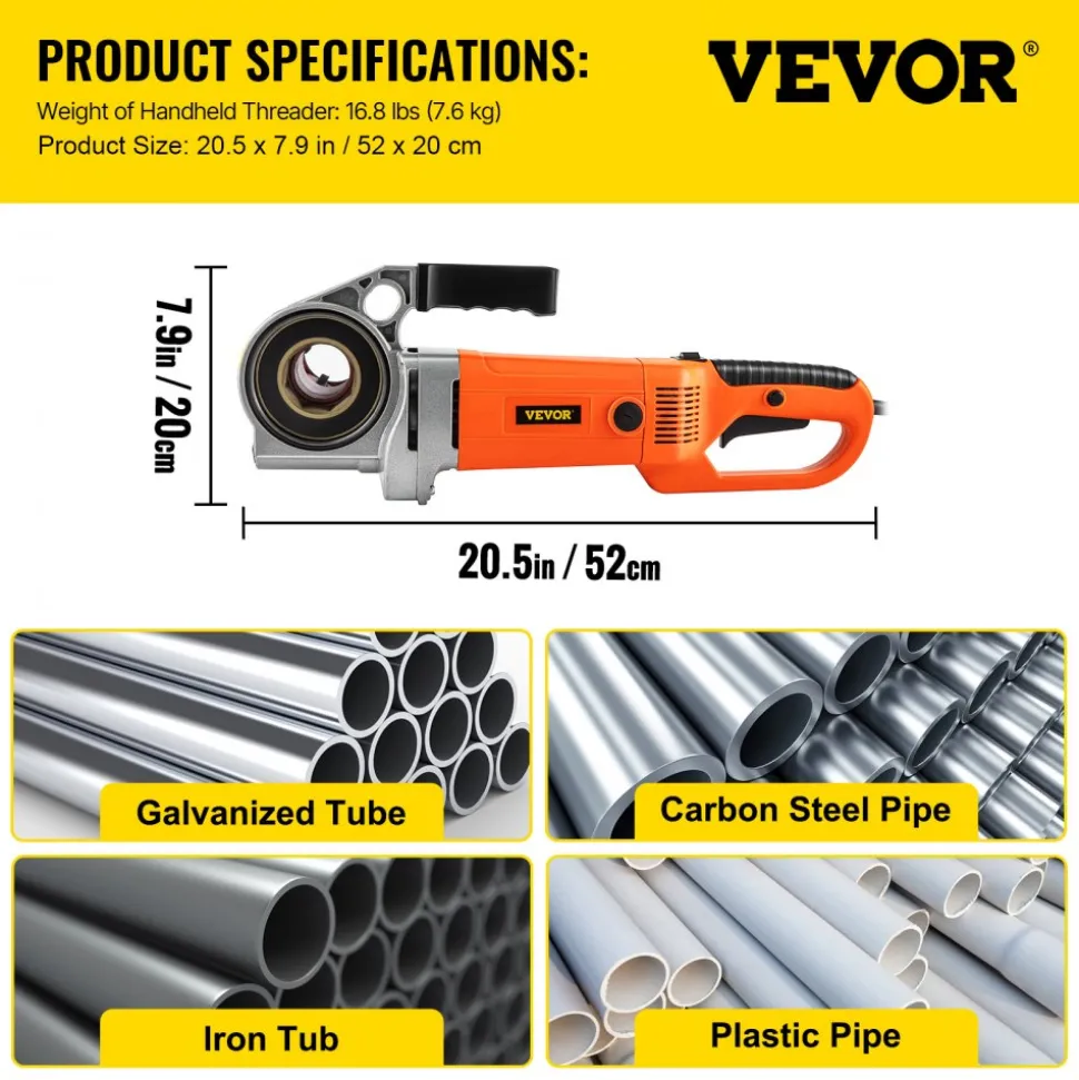 VEVOR Electric Pipe Threader, 2300W Pipe Threading Machine with 6 Dies 1/2"-2", 110V Hand-held Pipe Threader Machine with Copper Motor, Portable Electric Pipe Threading Kit with Carrying Case