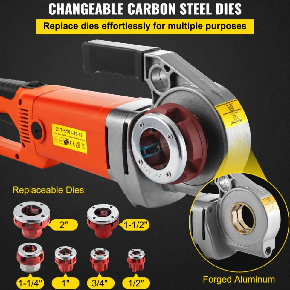 VEVOR Electric Pipe Threader, 2300W Pipe Threading Machine with 6 Dies 1/2"-2", 110V Hand-held Pipe Threader Machine with Copper Motor, Portable Electric Pipe Threading Kit with Carrying Case