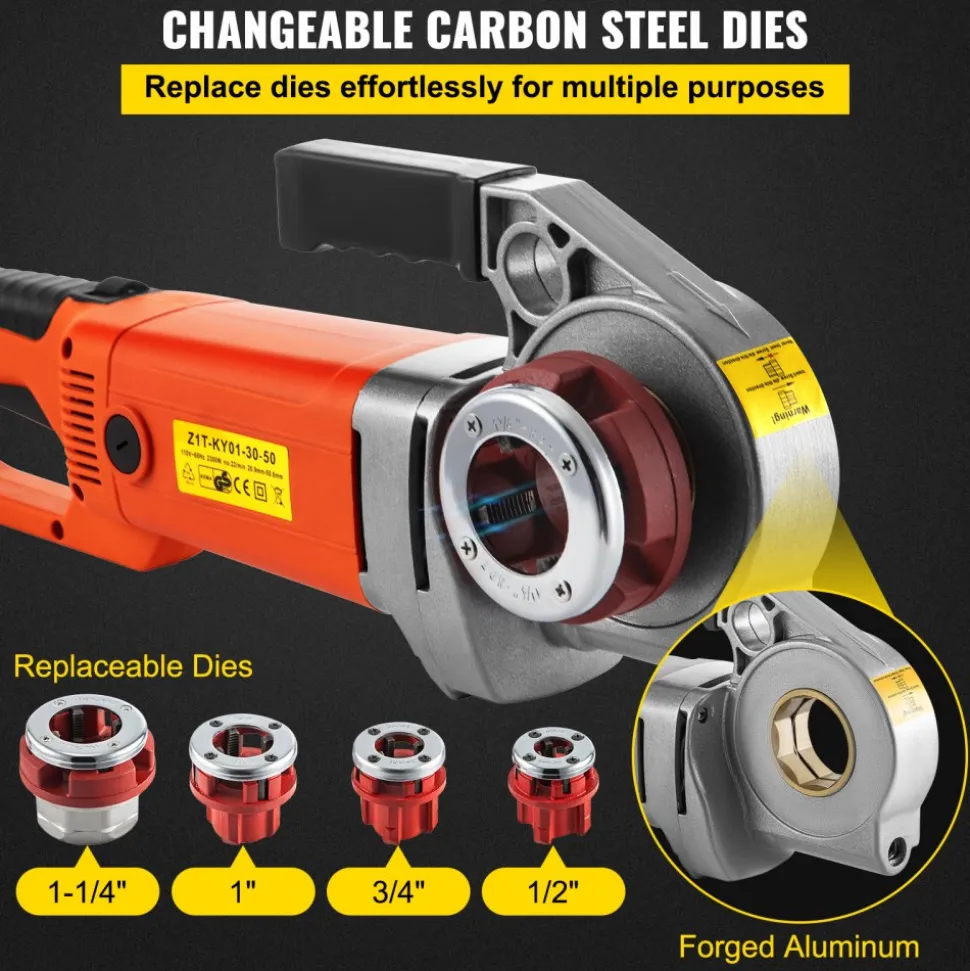 VEVOR Electric Pipe Threader, 2300W Pipe Threading Machine with 4 Dies 1/2" - 1 1/4", 110V Hand-held Pipe Threader Machine with Copper Motor, Portable Electric Pipe Threading Kit with Carrying Case