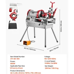VEVOR Electric Pipe Threader Machine, 900W 2-Speed Threading Cutting Machine, 1/2 to 4 inch Pipes Threading Cutter Tool with Foot Pedal for Plumbing, Automotive Repairs, Metalworking