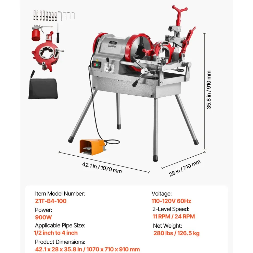 VEVOR Electric Pipe Threader Machine, 900W 2-Speed Threading Cutting Machine, 1/2 to 4 inch Pipes Threading Cutter Tool with Foot Pedal for Plumbing, Automotive Repairs, Metalworking