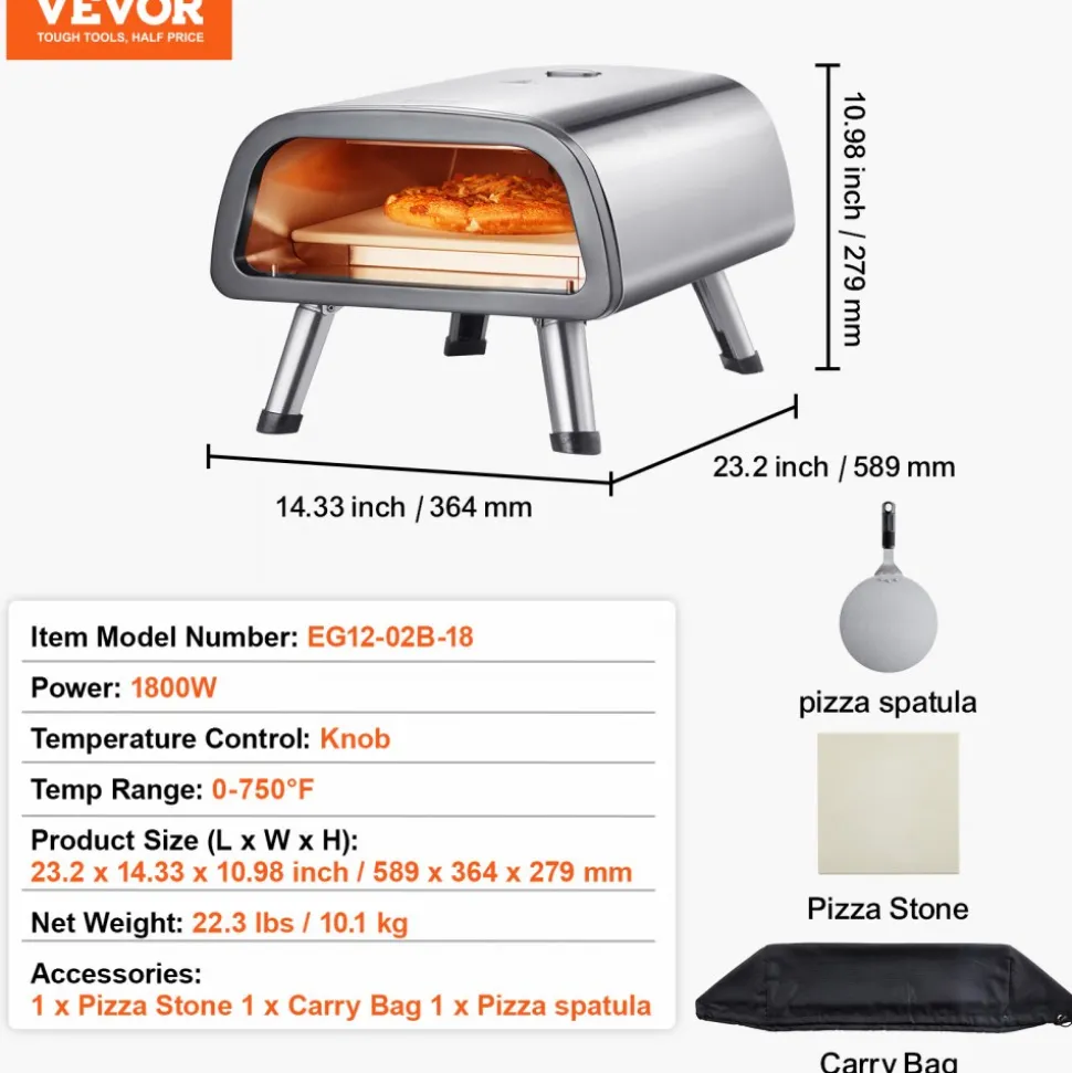 VEVOR 12" Electric Pizza Oven Countertop, Stainless Steel Pizza Maker Machine with Pizza Stone and Spatula, Heats up to 850°F, Multipurpose Indoor & Outdoor Pizza Cooker for Restaurant Home Camping