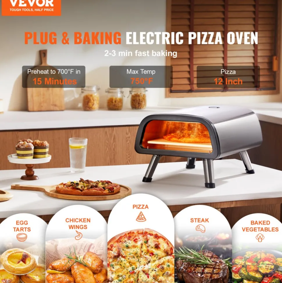 VEVOR 12" Electric Pizza Oven Countertop, Stainless Steel Pizza Maker Machine with Pizza Stone and Spatula, Heats up to 850°F, Multipurpose Indoor & Outdoor Pizza Cooker for Restaurant Home Camping