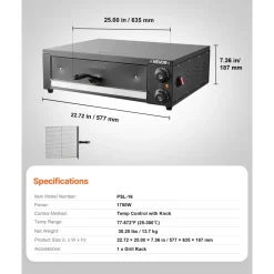 VEVOR Electric Pizza Oven, 16 in Countertop Pizza Oven, 77 to 572°F Temp Range, 1750W Indoor Pizzas Maker w/Timing & Temp Control, Pizzas Cooker w/Dual Heat Tube, Grill Rack, for Kitchen & Commercial