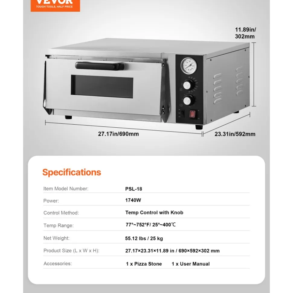 VEVOR Electric Pizza Oven, 18-Inch Commercial Pizza Ovens, 752°F Max Temp, 1740W Large Pizza Oven Countertop with Temp & Time Control, Built in Thermometer Indoor Pizza Maker for Restaurant Home Use