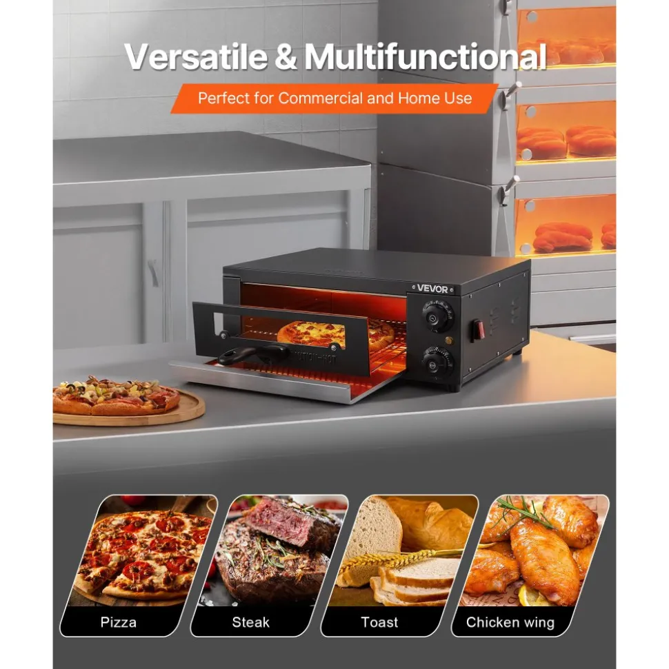 VEVOR Electric Pizza Oven, 12 in Countertop Pizza Oven, 77 to 572°F Temp Range, 1450W Indoor Pizzas Maker w/Timing & Temp Control, Pizzas Cooker w/Dual Heat Tube, Grill Rack, for Kitchen & Commercial