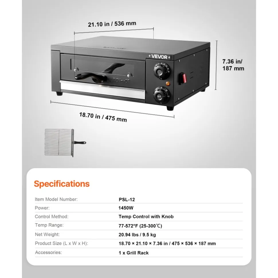 VEVOR Electric Pizza Oven, 12 in Countertop Pizza Oven, 77 to 572°F Temp Range, 1450W Indoor Pizzas Maker w/Timing & Temp Control, Pizzas Cooker w/Dual Heat Tube, Grill Rack, for Kitchen & Commercial