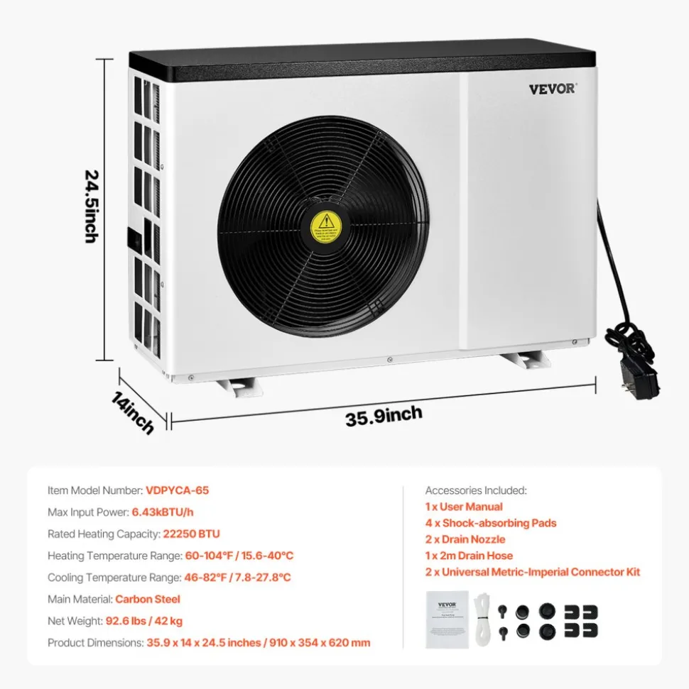 VEVOR Electric Pool Heat Pump, 22250 BTU, Pool Heaters for 3171-6605GAL Above and In Ground Pools, Low Noise, Heating and Cooling Highly Efficient & Energy-Saving Pool Water Heater AC120V 60Hz