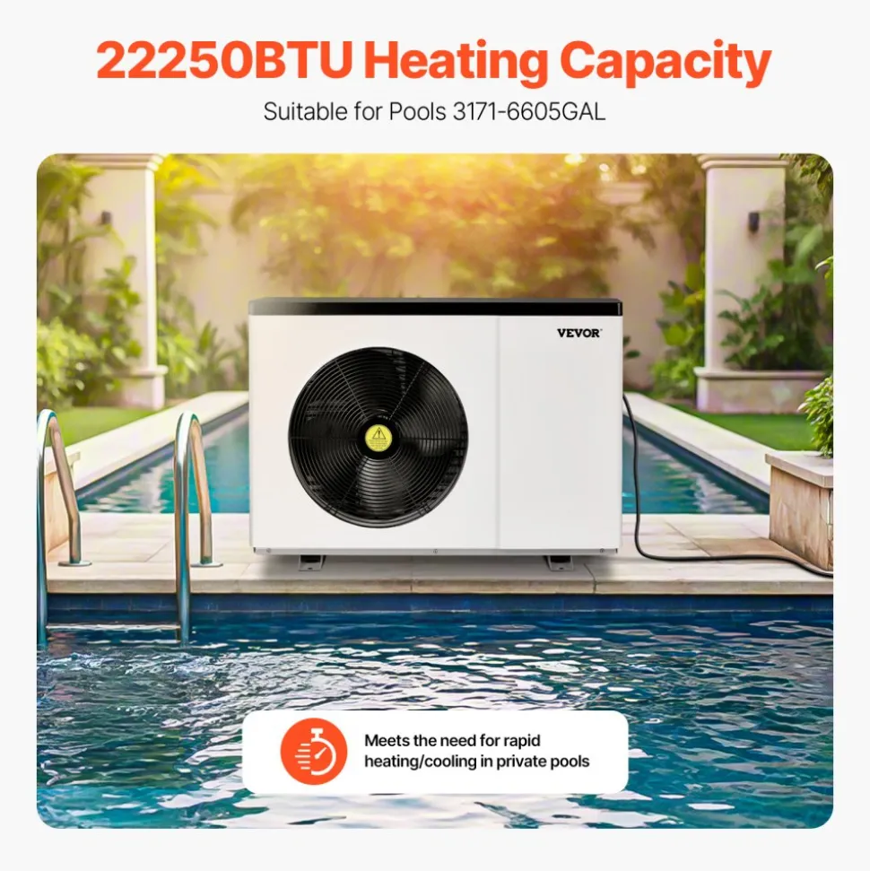 VEVOR Electric Pool Heat Pump, 22250 BTU, Pool Heaters for 3171-6605GAL Above and In Ground Pools, Low Noise, Heating and Cooling Highly Efficient & Energy-Saving Pool Water Heater AC120V 60Hz