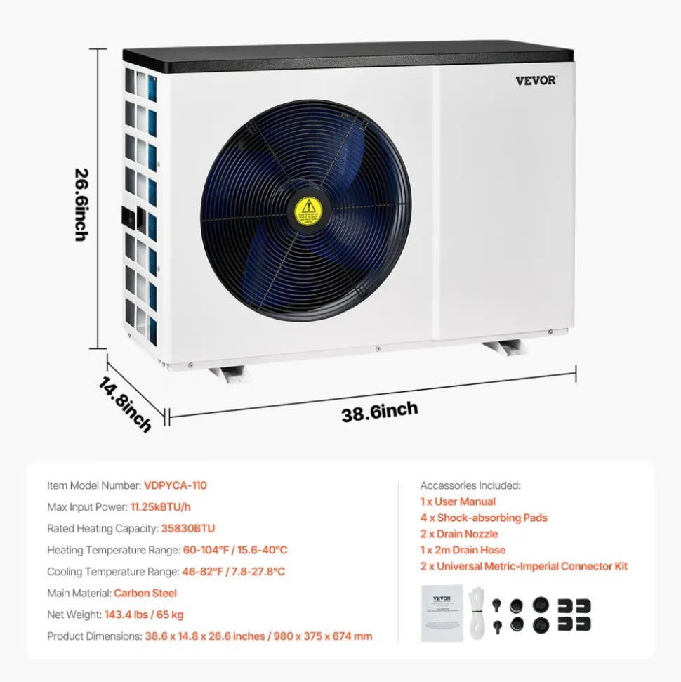 VEVOR Electric Pool Heat Pump, 35830 BTU, Pool Heaters for 6605-13209GAL Above and In Ground Pools, Low Noise, Heating and Cooling Highly Efficient & Energy-Saving Pool Water Heater AC208-230V 60Hz