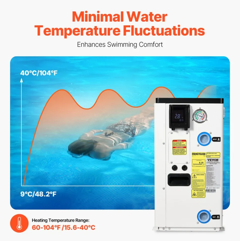VEVOR Electric Pool Heat Pump, 35830 BTU, Pool Heaters for 6605-13209GAL Above and In Ground Pools, Low Noise, Heating and Cooling Highly Efficient & Energy-Saving Pool Water Heater AC208-230V 60Hz