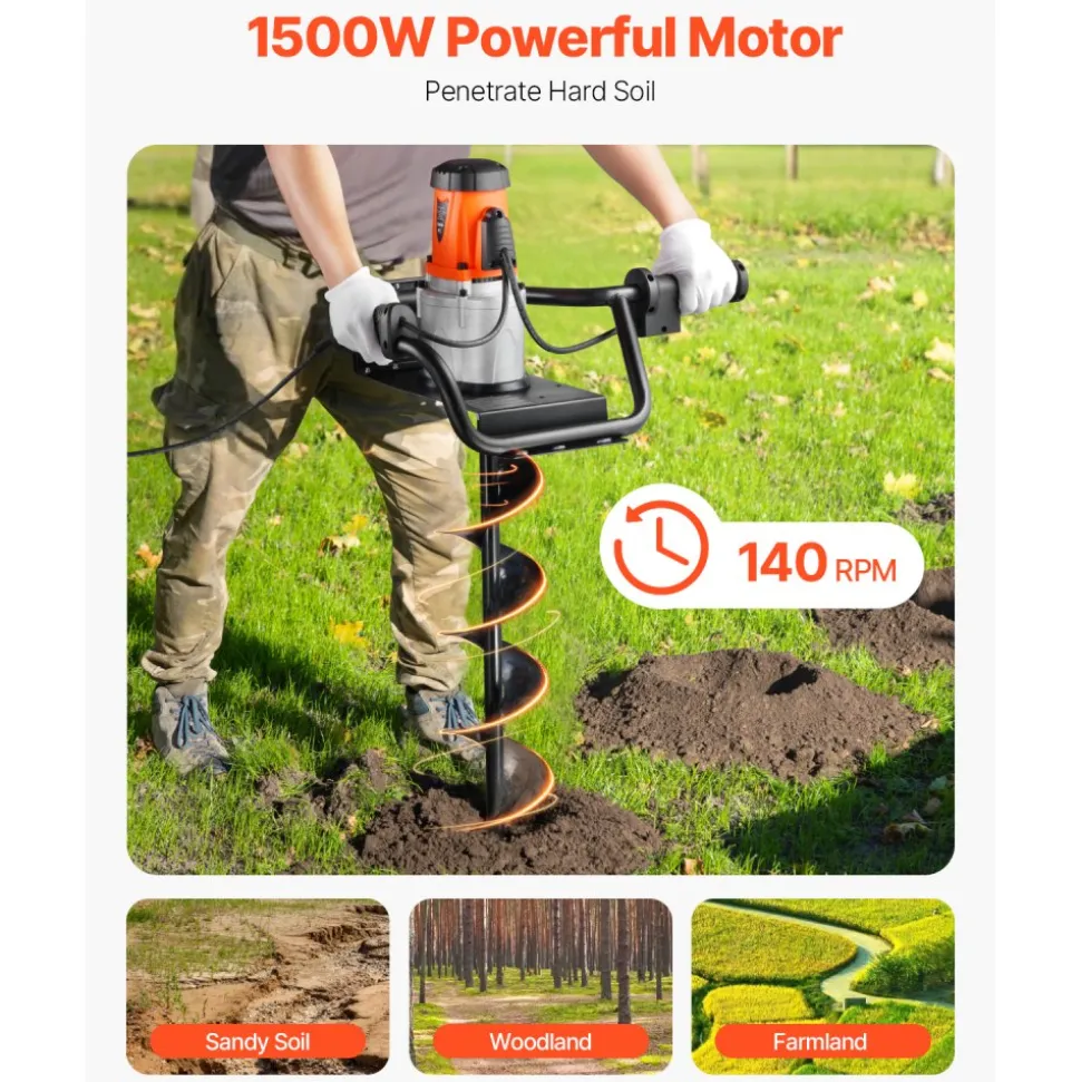 VEVOR Electric Post Hole Digger, 5.71 in Auger Bit with 1500W Powerful Motor, 140 RPM Alloy Steel Earth Auger Drill Bit with 10.24 in Extension Rod, for Post Hole Digging, Drilling & Tree Planting