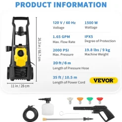 VEVOR Electric Power Washer, 2000 PSI, Max 1.65 GPM Pressure Washer with 20 ft Hose & Reel, 5 Quick Connect Nozzles, Foam Cannon, Portable to Clean Patios, Cars, Fences, Driveways, ETL Listed