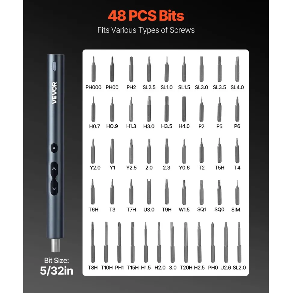 VEVOR Electric Precision Screwdriver Set, 48 Magnetic Bits, Mini Electric Screwdriver with Magnetic Storage Box, S2 Steel Bits, LED Light, Type-C Charging, for Phone, Laptop, and Electronics Repair