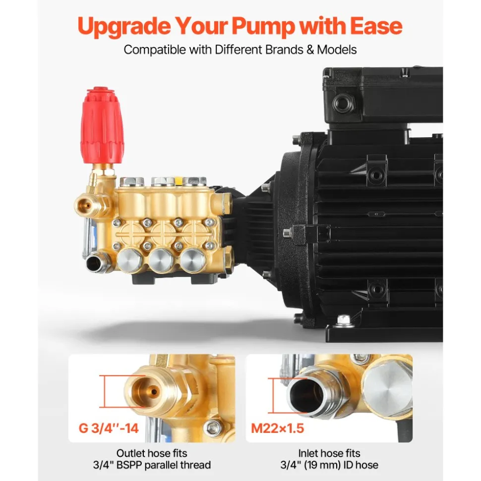 VEVOR Electric Pressure Washer Pump Kit, 1950 PSI, 3.2 GPM, Triplex Power Washer Pump with 5 HP Motor 240 V, Includes Wall Mount Bracket, Spray Gun, Wand, Hose, 5 Nozzles, for Washing Cars, Gardens