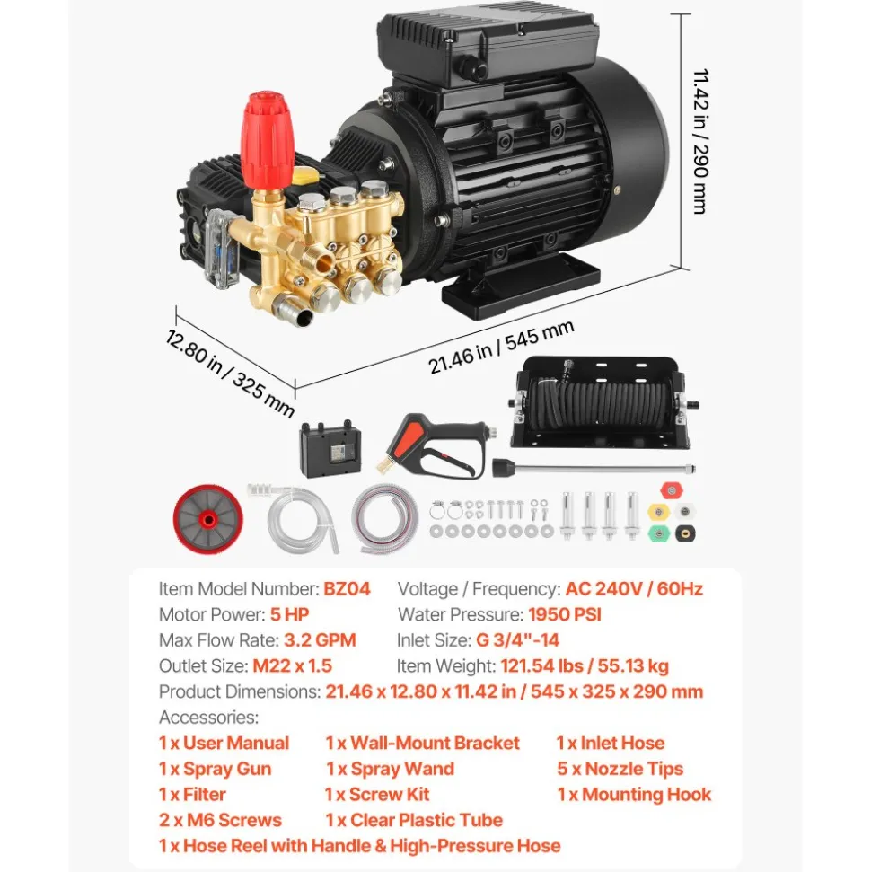 VEVOR Electric Pressure Washer Pump Kit, 1950 PSI, 3.2 GPM, Triplex Power Washer Pump with 5 HP Motor 240 V, Includes Wall Mount Bracket, Spray Gun, Wand, Hose, 5 Nozzles, for Washing Cars, Gardens