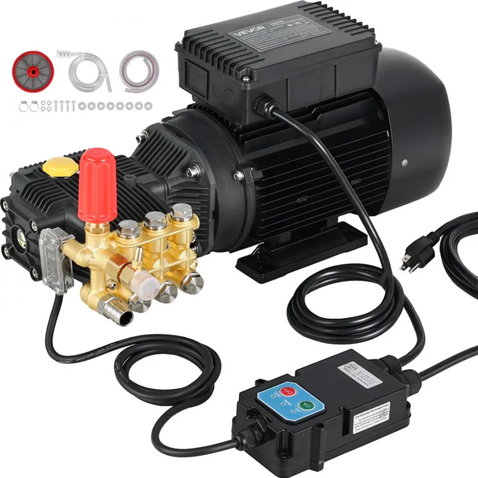 VEVOR Electric Pressure Washer Pump Kit, 1220 PSI, 2.2 GPM, Triplex Power Washer Pump with 2 HP Motor 120 V, Adjustable Water Pressure, for Washing Cars, Gardens, Exterior Walls, Deck, Machinery Equipment