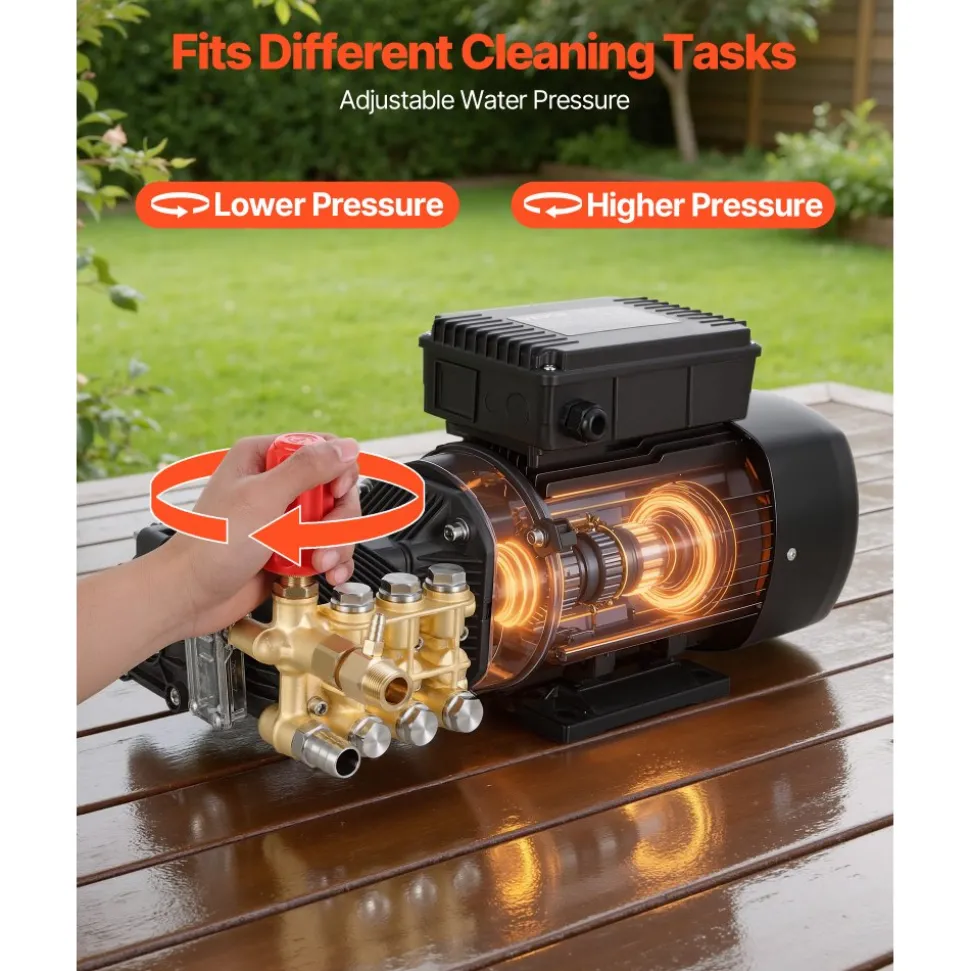VEVOR Electric Pressure Washer Pump Kit, 1220 PSI, 2.2 GPM, Triplex Power Washer Pump with 2 HP Motor 120 V, Adjustable Water Pressure, for Washing Cars, Gardens, Exterior Walls, Deck, Machinery Equipment