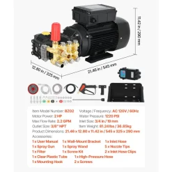 VEVOR Electric Pressure Washer Pump Kit, 1220 PSI, 2.2 GPM, Triplex Power Washer Pump with 2 HP Motor 120 V, Includes Wall Mount Bracket, Spray Gun, Wand, Hose, 5 Nozzles, for Washing Cars, Gardens