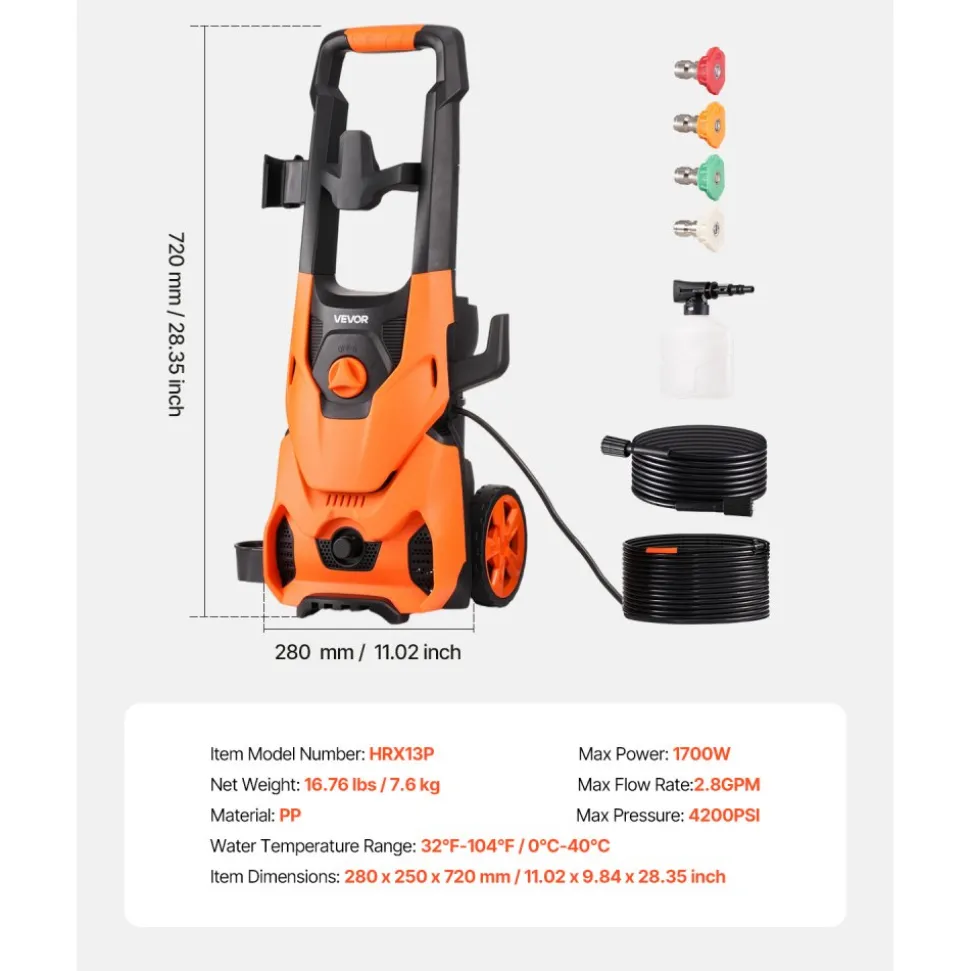 VEVOR Electric Pressure Washer, Max 2000 PSI and 2.8 GPM, High Power Pressure Cleaning Machine with 4 Quick Connect Nozzles and a Foam Cannon, Ideal for Cars/Fences/Driveways/Patios/Home Cleaning