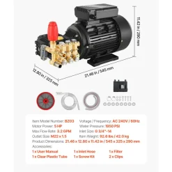 VEVOR Electric Pressure Washer Pump Kit, 1950 PSI, 3.2 GPM, Triplex Power Washer Pump with 5 HP Motor 240 V, Adjustable Water Pressure, for Washing Cars, Gardens, Exterior Walls, Deck, Machinery Equipment