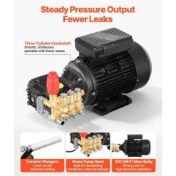 VEVOR Electric Pressure Washer Pump Kit, 1950 PSI, 3.2 GPM, Triplex Power Washer Pump with 5 HP Motor 240 V, Adjustable Water Pressure, for Washing Cars, Gardens, Exterior Walls, Deck, Machinery Equipment