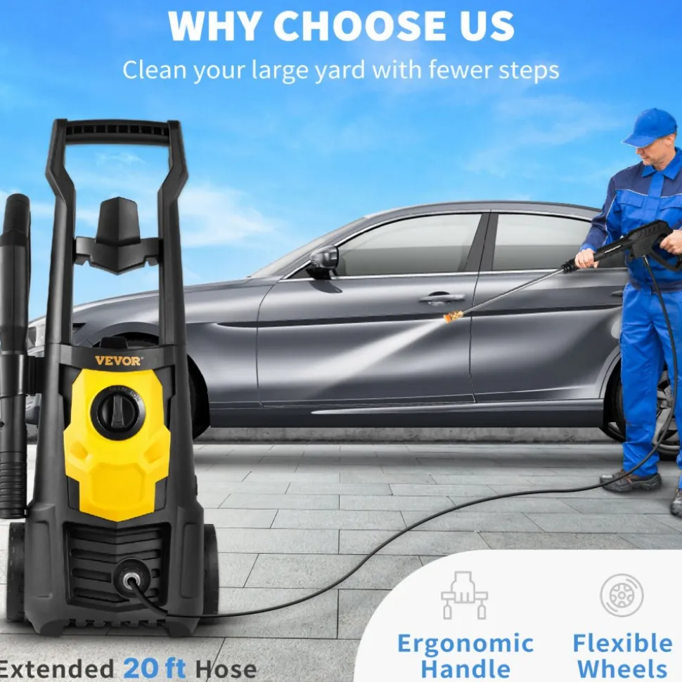 VEVOR Electric Pressure Washer, 2000 PSI, Max. 1.76 GPM Power Washer with 30 ft Hose, 5 Quick Connect Nozzles, Foam Cannon, Portable to Clean Patios, Cars, Fences, Driveways, ETL Listed
