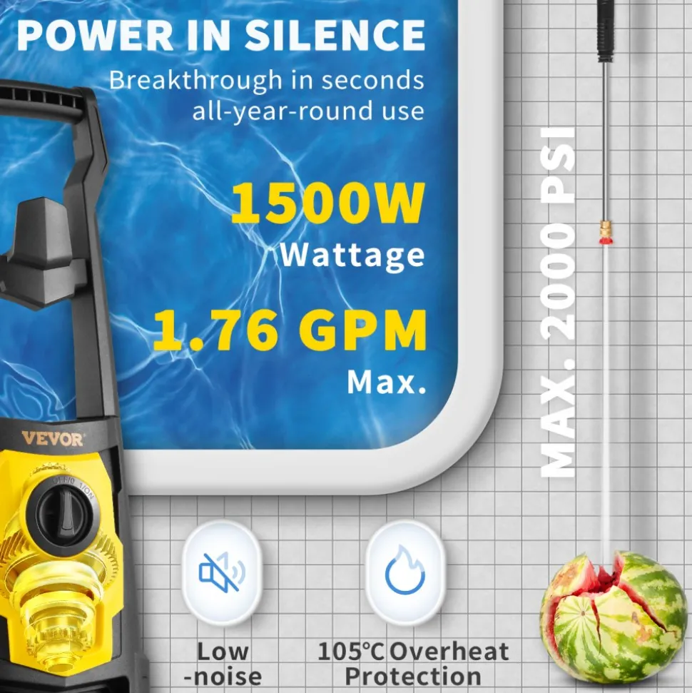 VEVOR Electric Pressure Washer, 2000 PSI, Max. 1.76 GPM Power Washer with 30 ft Hose, 5 Quick Connect Nozzles, Foam Cannon, Portable to Clean Patios, Cars, Fences, Driveways, ETL Listed