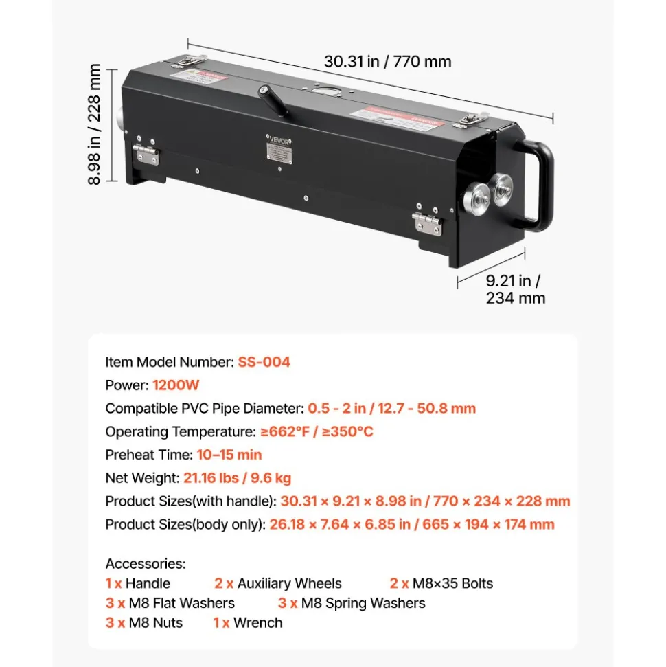 VEVOR Electric PVC Conduit Heater, 1/2" to 2", 1200W Rapid and Even Heating, PVC Bender Heater Pipe Bending Tool with Carrying Handle, Easy to Use, for Construction Crews, DIY Enthusiasts, Workshop