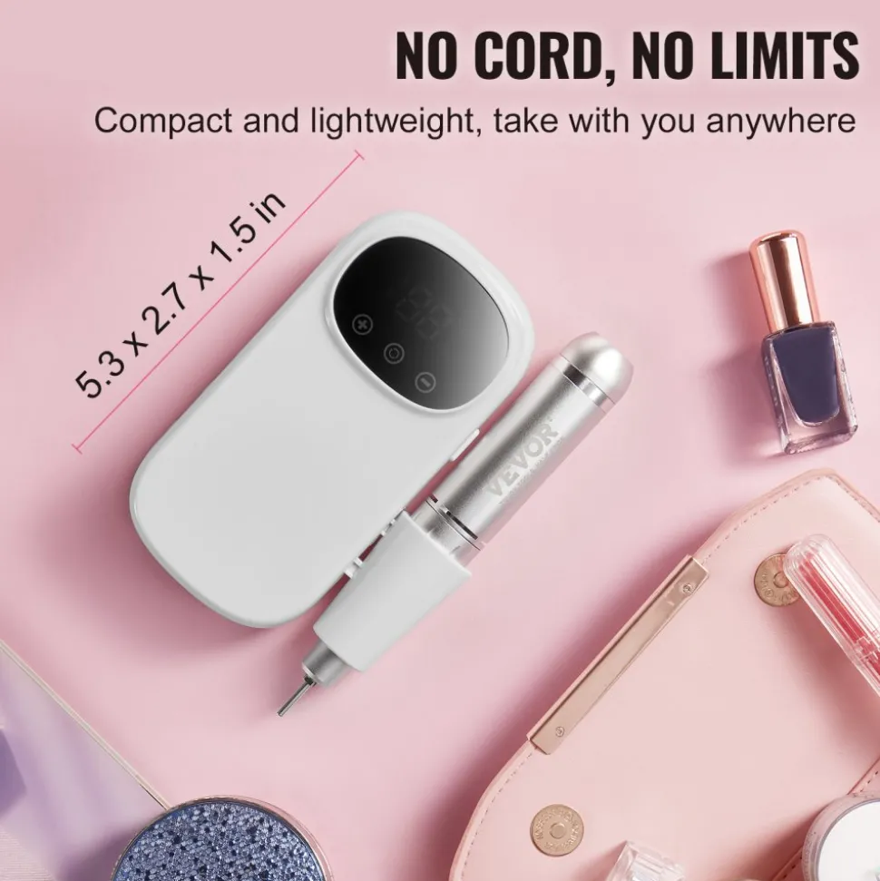 VEVOR Electric Rechargeable Nail Drill, 35,000RPM Portable Cordless Nail E File Machine, LCD-Display Acrylic Gel Grinder Tool with 6 Bits and 50PCS Sanding Bands for Manicure Pedicure Carve Polish