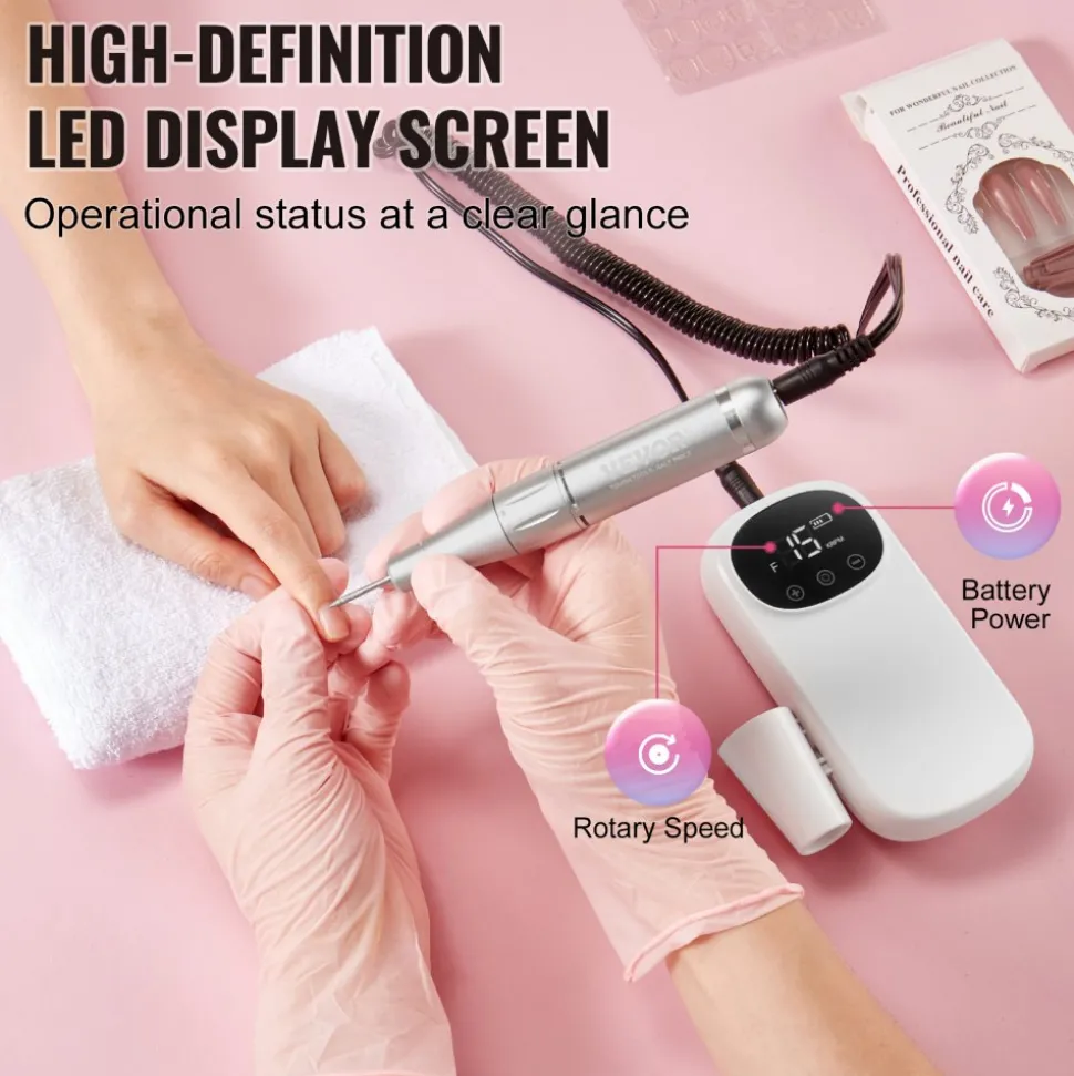 VEVOR Electric Rechargeable Nail Drill, 35,000RPM Portable Cordless Nail E File Machine, LCD-Display Acrylic Gel Grinder Tool with 6 Bits and 50PCS Sanding Bands for Manicure Pedicure Carve Polish