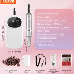 VEVOR Electric Rechargeable Nail Drill, 35,000RPM Portable Cordless Nail E File Machine, LCD-Display Acrylic Gel Grinder Tool with 6 Bits and 50PCS Sanding Bands for Manicure Pedicure Carve Polish