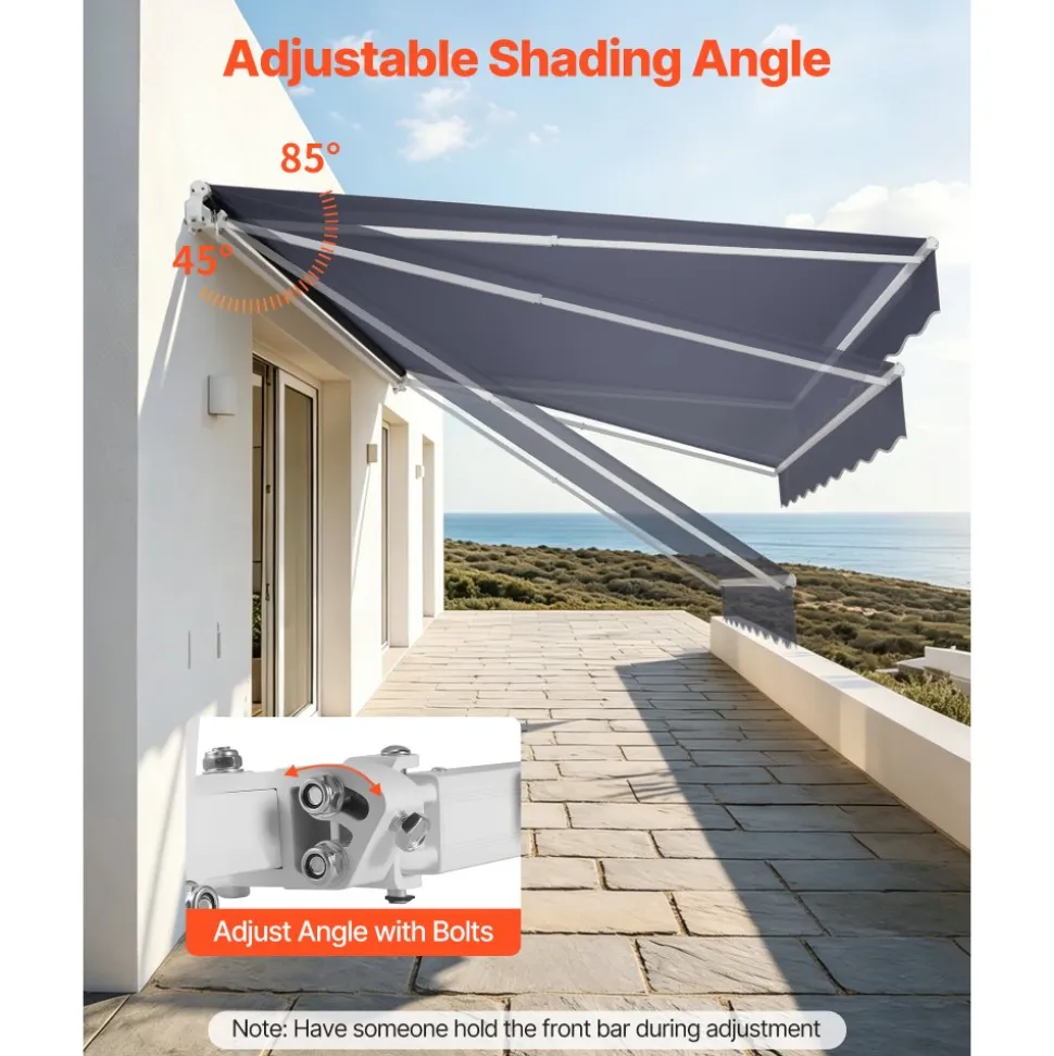 VEVOR Electric Retractable Awning, 14.1' x 9.8' Motorized Patio Awning, Sunshade Shelter with Remote Controller & Manual Crank Handle, Waterproof Polyester Fabric for Outdoor Deck, Balcony, Yard, Gray