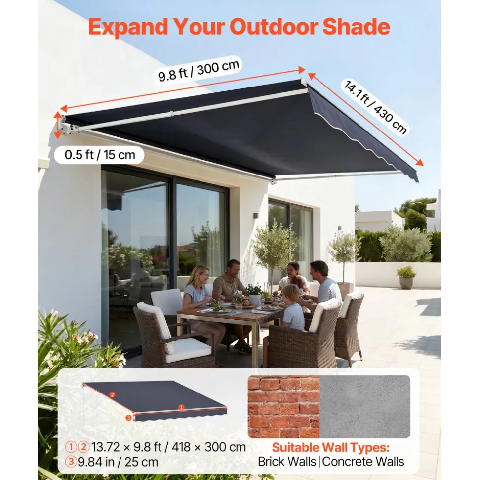 VEVOR Electric Retractable Awning, 14.1' x 9.8' Motorized Patio Awning, Sunshade Shelter with Remote Controller & Manual Crank Handle, Waterproof Polyester Fabric for Outdoor Deck, Balcony, Yard, Gray