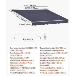 VEVOR Electric Retractable Awning, 14.1' x 9.8' Motorized Patio Awning, Sunshade Shelter with Remote Controller & Manual Crank Handle, Waterproof Polyester Fabric for Outdoor Deck, Balcony, Yard, Gray